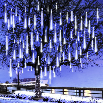 Kordain Christmas Lights Outdoor, Meteor Shower Lights Falling Star 12 inch 8 Tubes 144 LED Icicle Snow Falling Raindrop for Xmas Tree Halloween Party Decoration, UL Plug, White