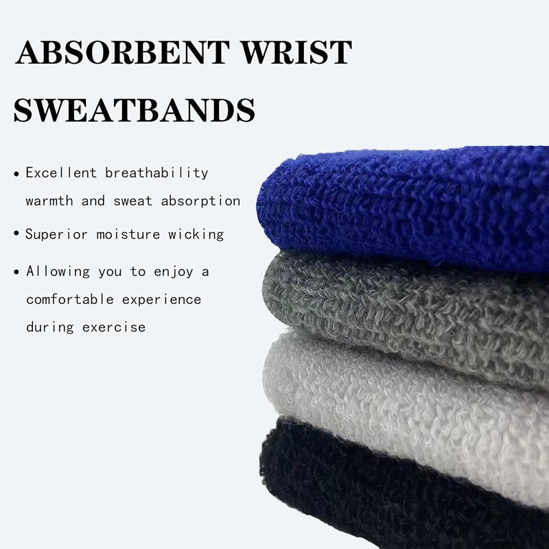 Absorbent Wrist Sweatbands - Breathable Cotton Athletic Bands for Sports | 6 Inch, 4 Pack