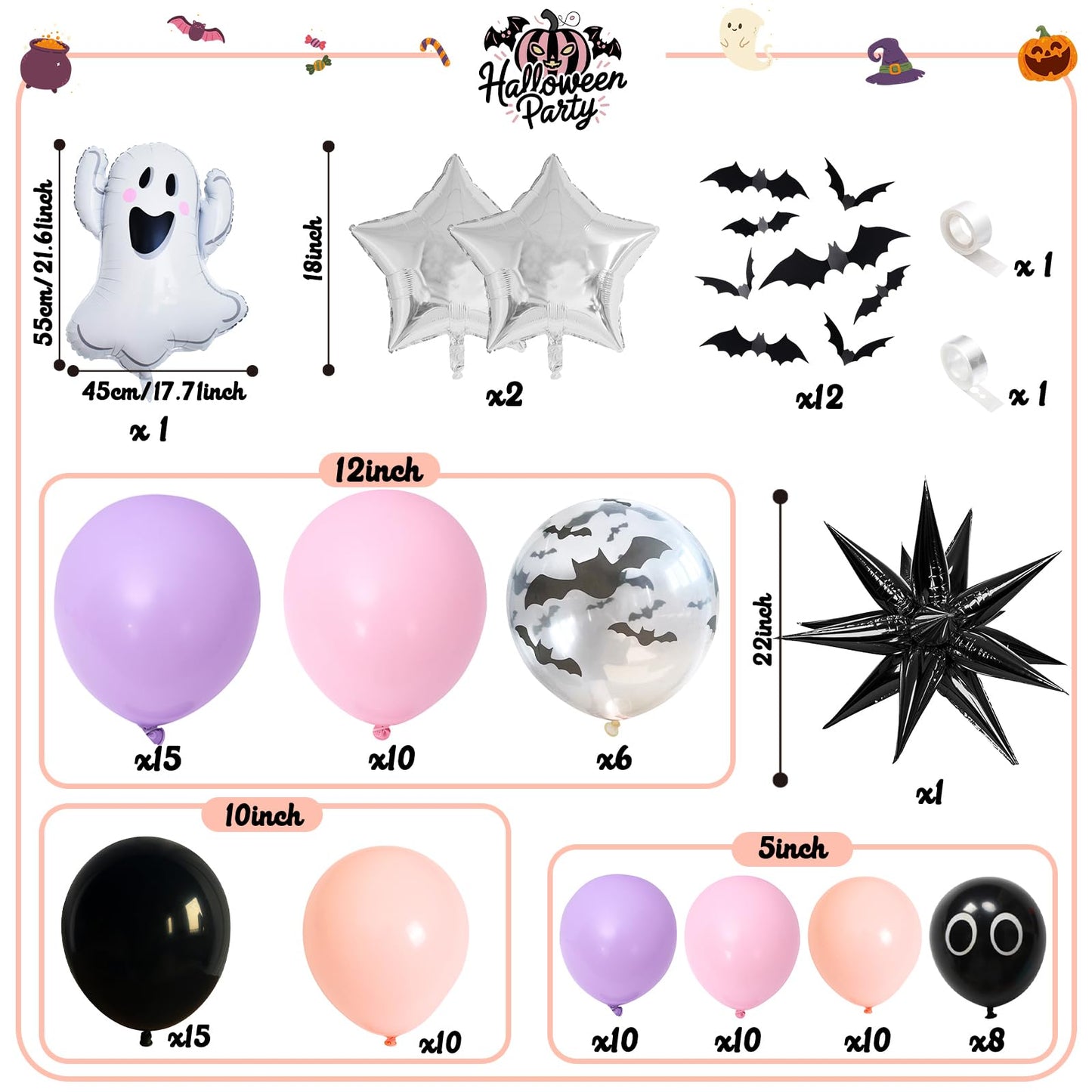 Jobkoo Halloween Balloon Garland Arch Kit, Black Purple Pink Halloween Baby Shower Latex Balloons with 3D Bat Ghost Witch Mylar Foil Balloons Set for Happy Halloween Birthday Decoration Indoor Outdoor