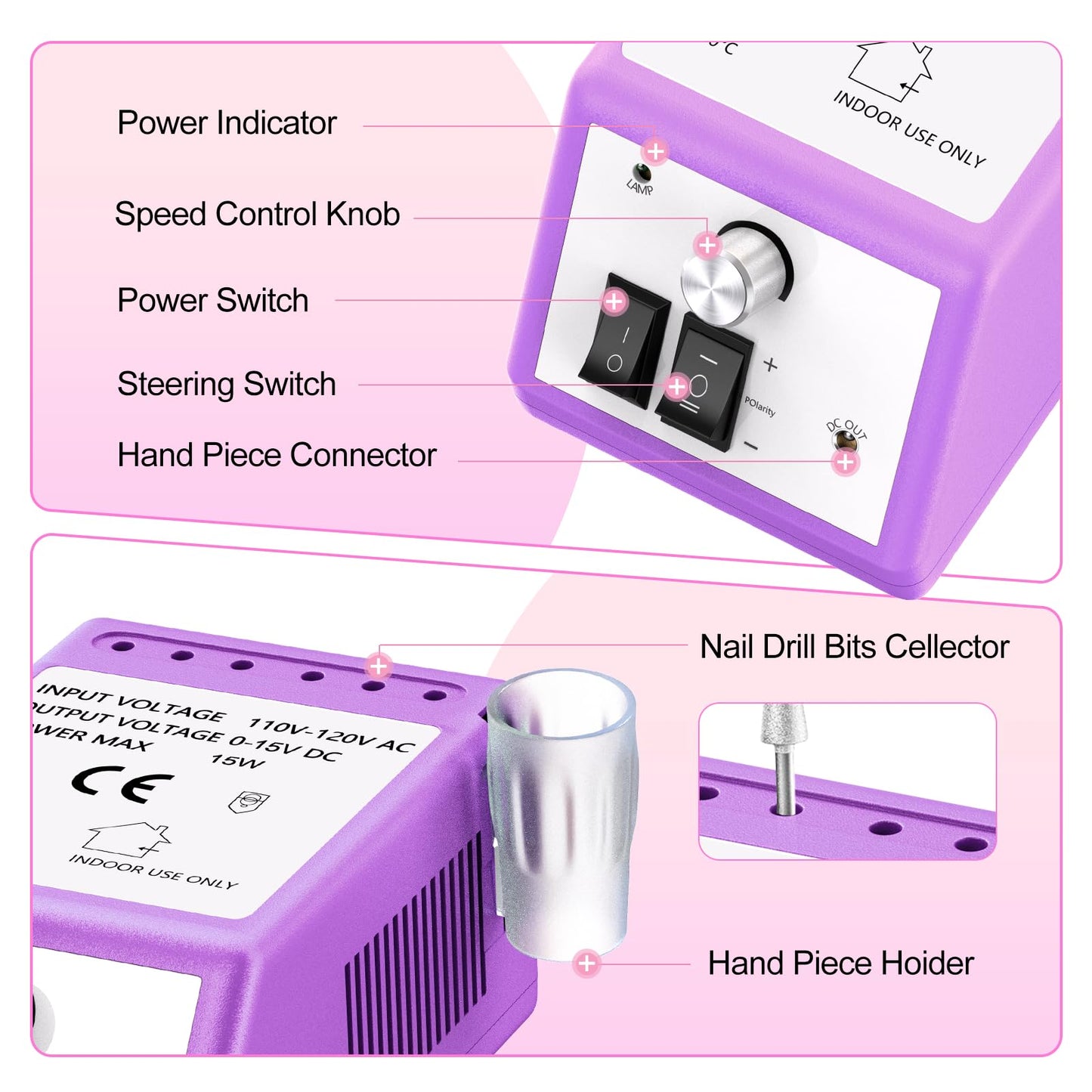 20000RPM Electric Nail Drill Professional Nail File Drill Acrylic Nails Kit for Manicure Gel Nail Polish Remover with 1 Pack of Sanding Bands(Pink)