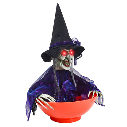 JOYIN Halloween Candy Bowl Dish Witch Decorations Indoor, Haunted House Home Decor Animatronics Animated LED Lights Eyes, Creepy Scary Sound Activated Trick Or Treat