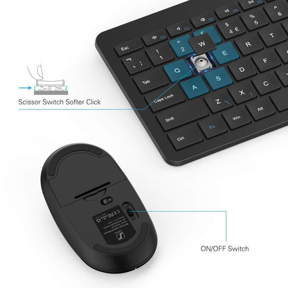 seenda Wireless Keyboard and Mouse Set, SK38 Ultra Slim Quiet USB Wireless Keyboard and Mouse Full Size QWERTY UK Layout with Numeric Keypad for Windows PC, Laptop, Computer, Black