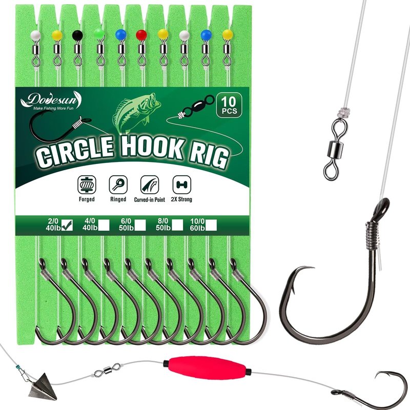 Dovesun 10PCS Circle Hooks Rigs Pre-Rigged Catfish Rig for Saltwater Freshwater Fishing Hooks for Catfish 2/0