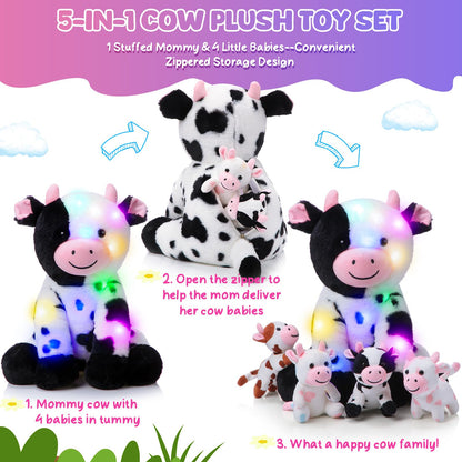Sumind 5 Pcs Cow Stuffed Animal Set 13.78 Inch Mommy Cow Plush Toy with 4 Baby Cute Calf in Her Tummy Large Stuffed Animals with Babies Inside for Christmas Toddlers Girls(LED)