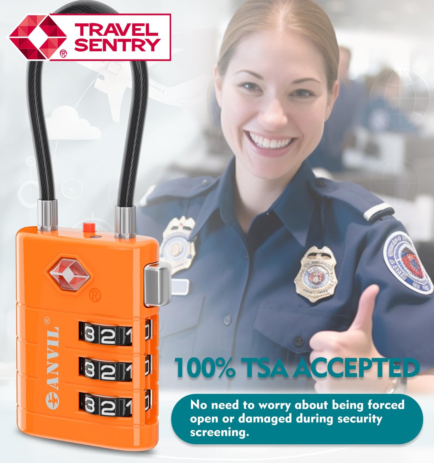 ANVIL Luggage Locks - TSA Approved, Advanced Core, Alert Indicator. Great Suitcase & Backpack Lock for Travel & Daily Use (2, Orange)