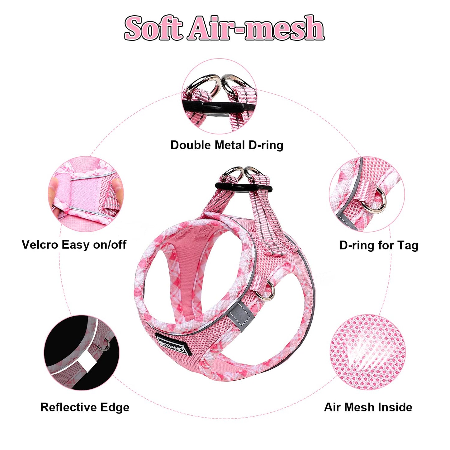 DORAMIO Step-in Dog Harness and Leash Set, Soft Mesh No-Chock Reflective Breathable Easy Walk Lightweight Vest Harnesses with Safety Buckle for Small Dogs, Cats, Puppies (Pink, XXS)