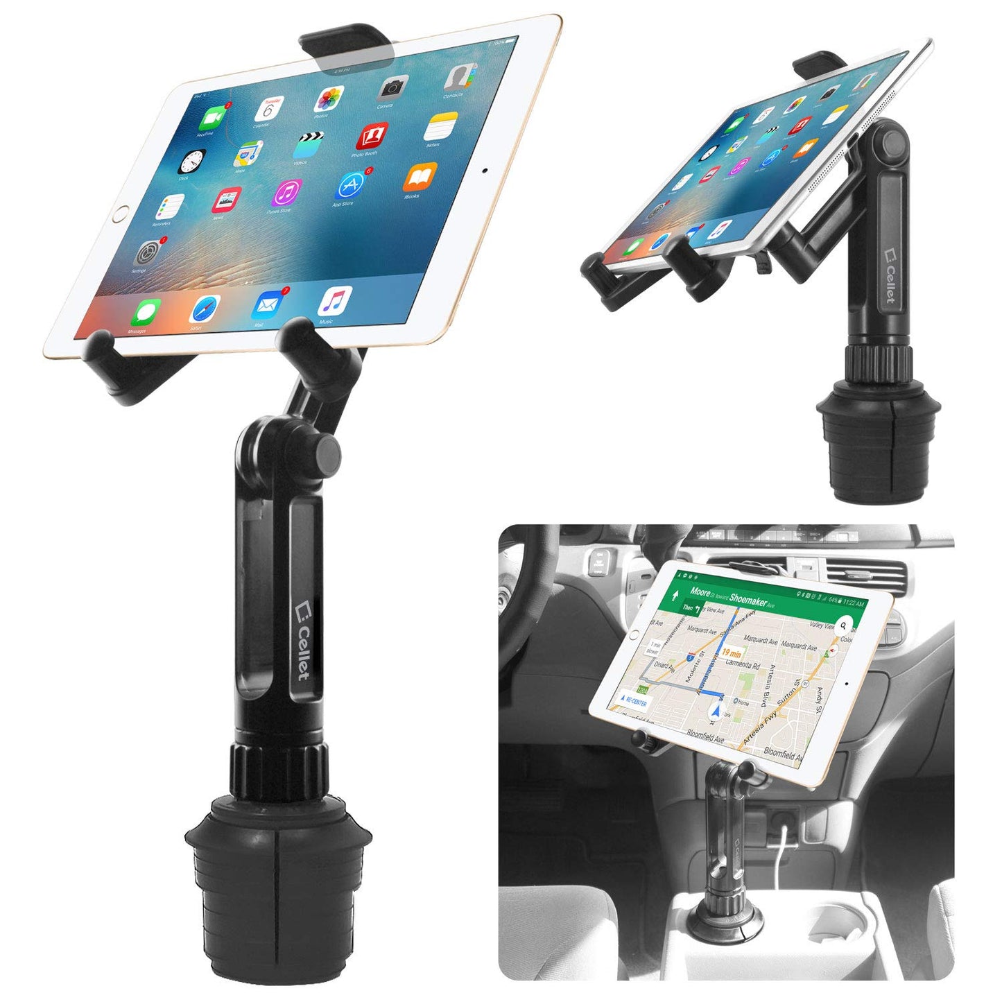 Cellet Cup Holder Tablet Mount, Car Cradle Holder Compatible for All iPad, Pro, Air, Mini Samsung Galaxy Tablet, Amazon Fire Microsoft Surface