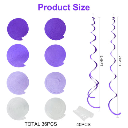 36Pcs Purple Hanging Swirl Decorations Ombre Purple Felt Swirl Streamer Spiral Ceiling Garland for Lavender Lilac Violet Birthday Wedding Bachelorette Baby Shower Graduation Holiday Hen Party Supplies
