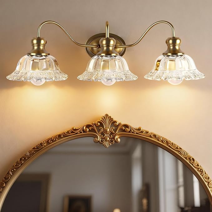 3-Lights Bathroom Vanity Light, Gold Vintage Bathroom Light Fixtures, Matte Antique Brass Finish with Crystal Glass Shade, Wall Sconces Lighting for Living Room, Bedroom, Hallway（E26 Base）