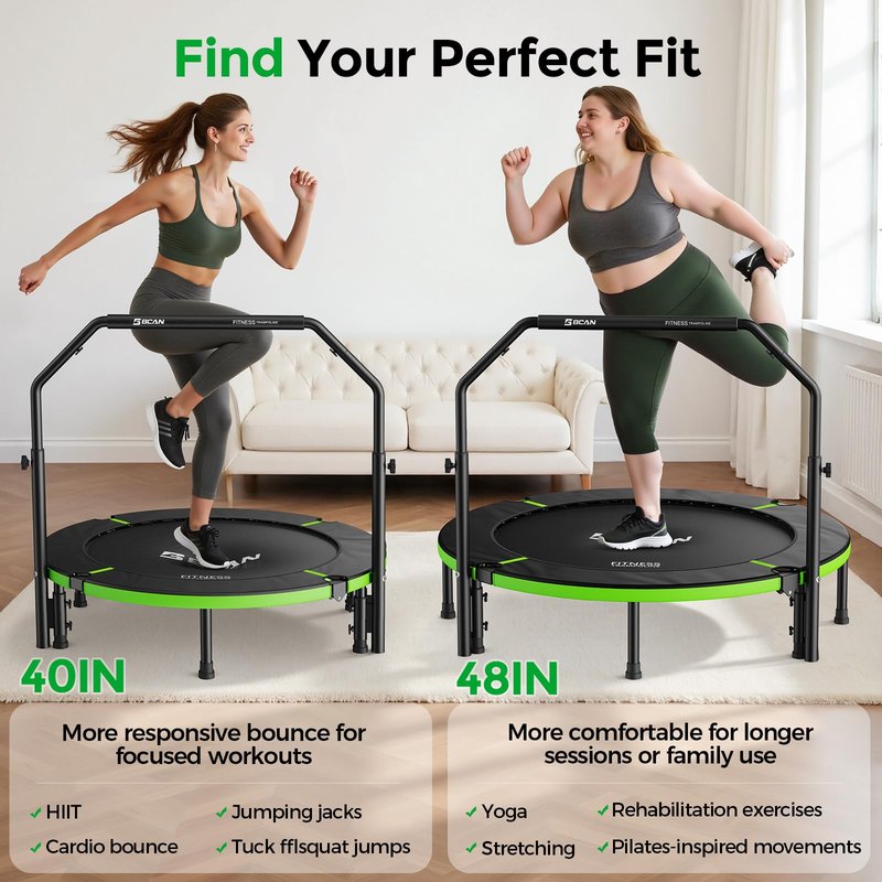 BCAN 40" Foldable Mini Trampoline, Rebounder Trampoline for Adults, Adjustable Foam Handle, Exercise Rebounder for Adults Indoor/Garden Workout, Max Load 330lbs, Green