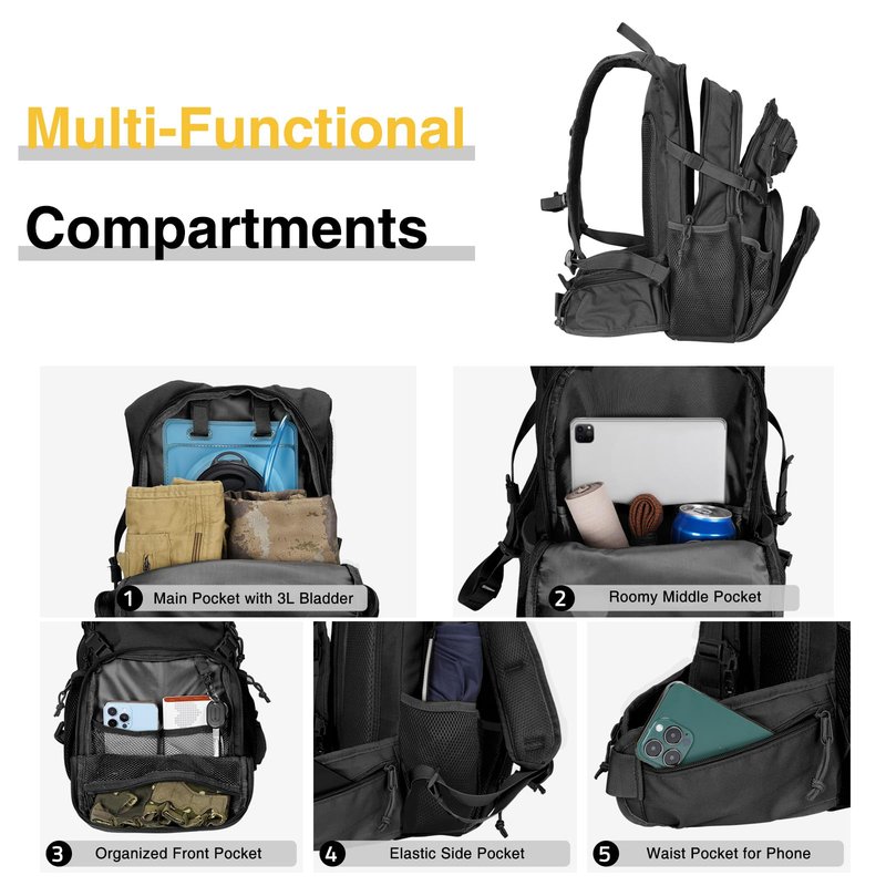 CVLIFE Hydration Backpack with 3L TPU Water Bladder, 22L Tactical Hiking Backpack for Men Women, Heavy Duty Molle Water Backpack with Multiple Compartments for Cycling Running Hunting Camping (Black)