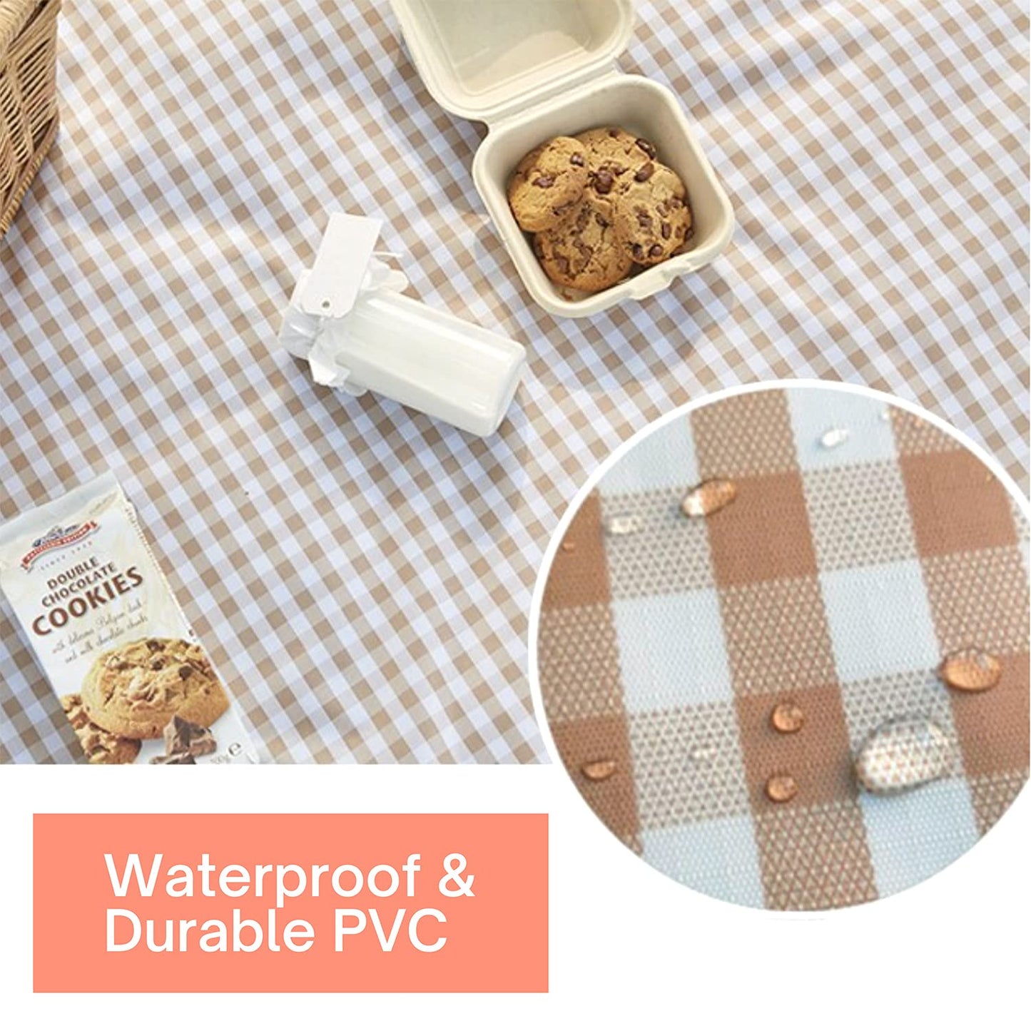 Beyond Thursday Cute Gingham Picnic Blanket, Waterproof Foldable, in Large 80x60in and Extra Large 80x80in, Portable Compact Beach Blanket, Oversized XL Outdoor Mat (Tan, X-Large)