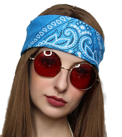ALLAURA Compatible with Janis Joplin Wig – 3pc Long Brown Hippie Wig Costume Set with Bandana & Glasses – 60s 70s Unisex Hippy Look for Men & Women, Retro Festival Style, Halloween, Music Icon Cosplay