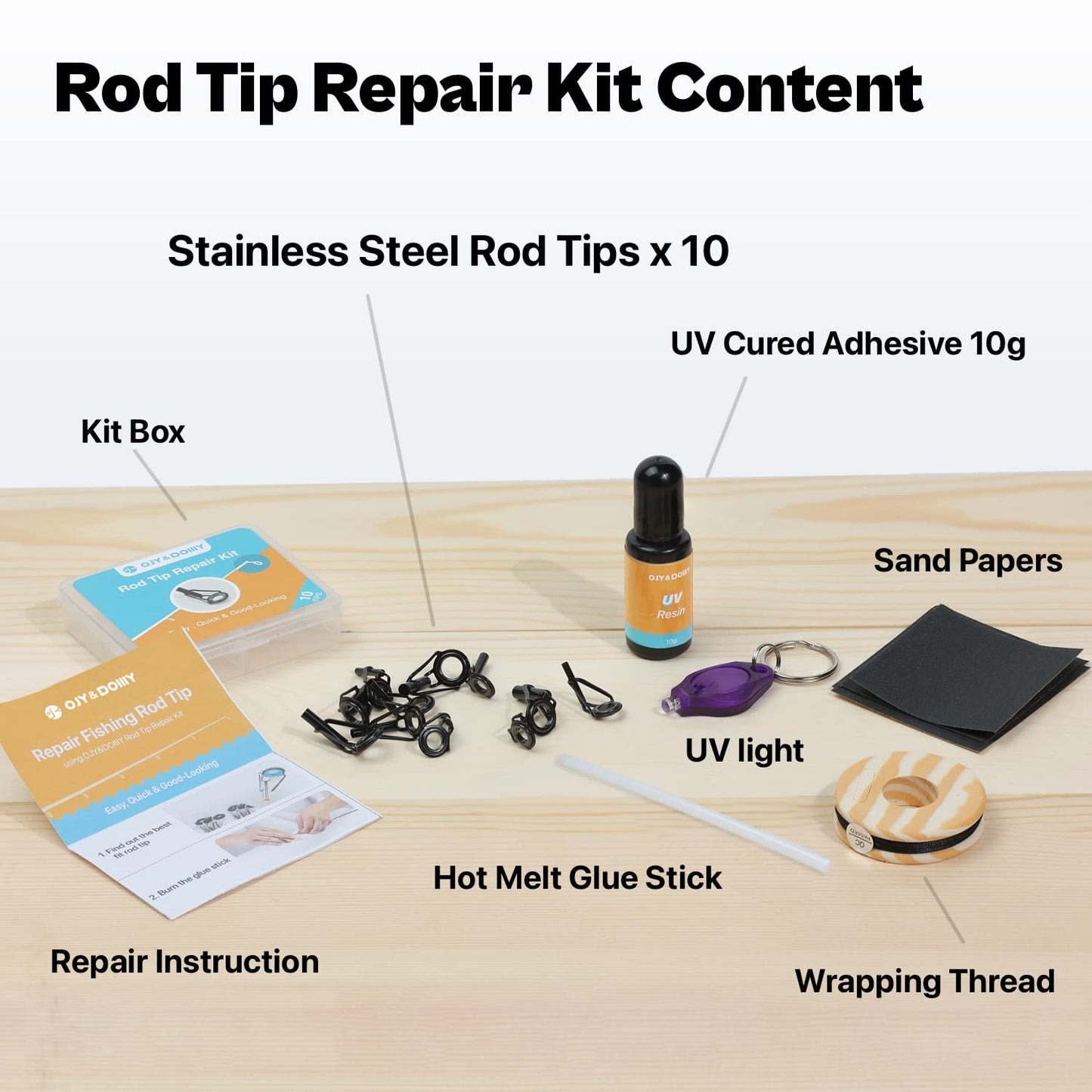 OJYDOIIIY Fishing Rod Tip Repair Kit with Glue, Complete Repalcement Parts Kit with UV Cured Adhesive and 10 Rod Tips