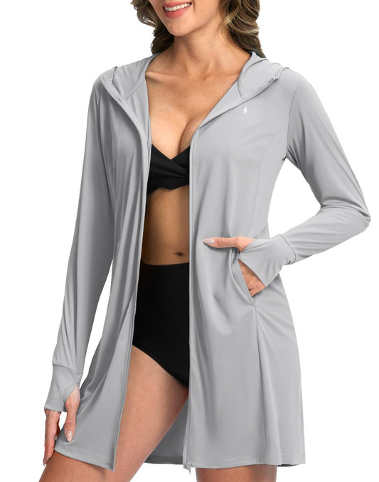 Soothfeel Women's UPF 50+ Swim Cover Up Sun Protection Hoodie SPF Lightweight Jacket Long Sleeve Beach Cover Ups for Women (Light_Grey,M)