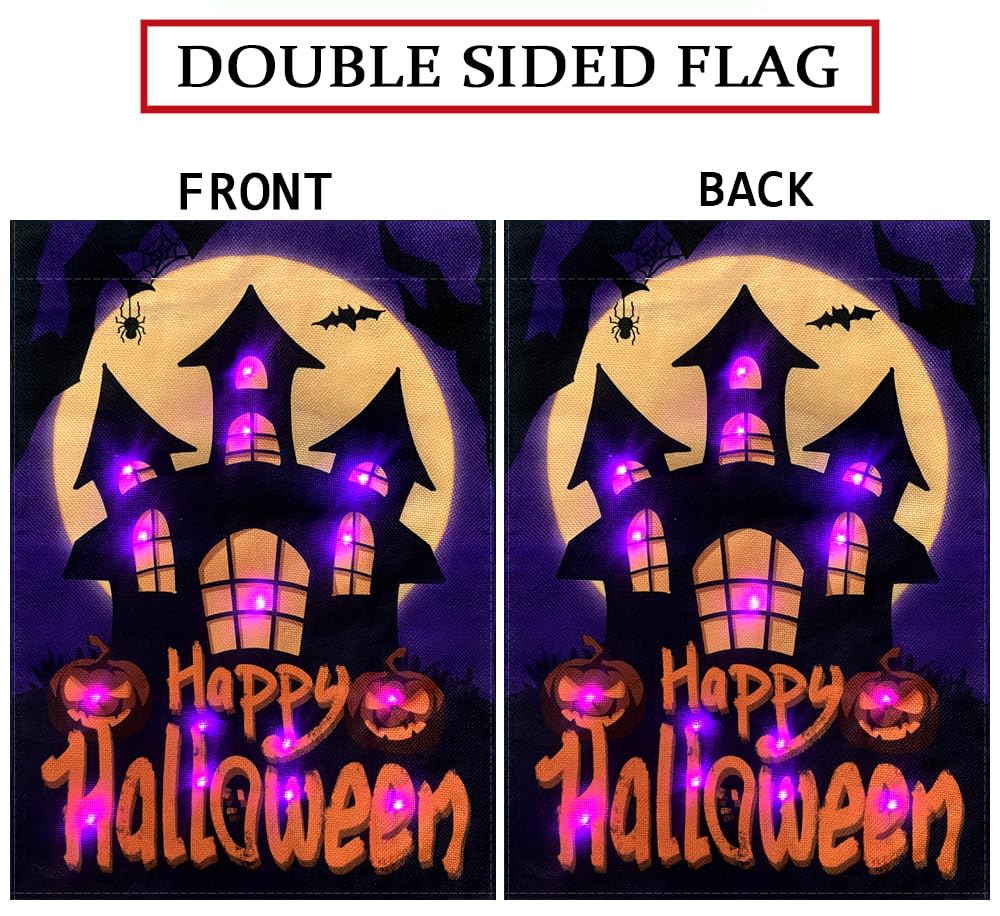 Happy Halloween Garden Flag LED Lighted Vertical Double Sided Garden Flag Halloween Castle Holiday Farmhouse Outdoor Yard Lawn Decoration 12.5 x 18 Inch