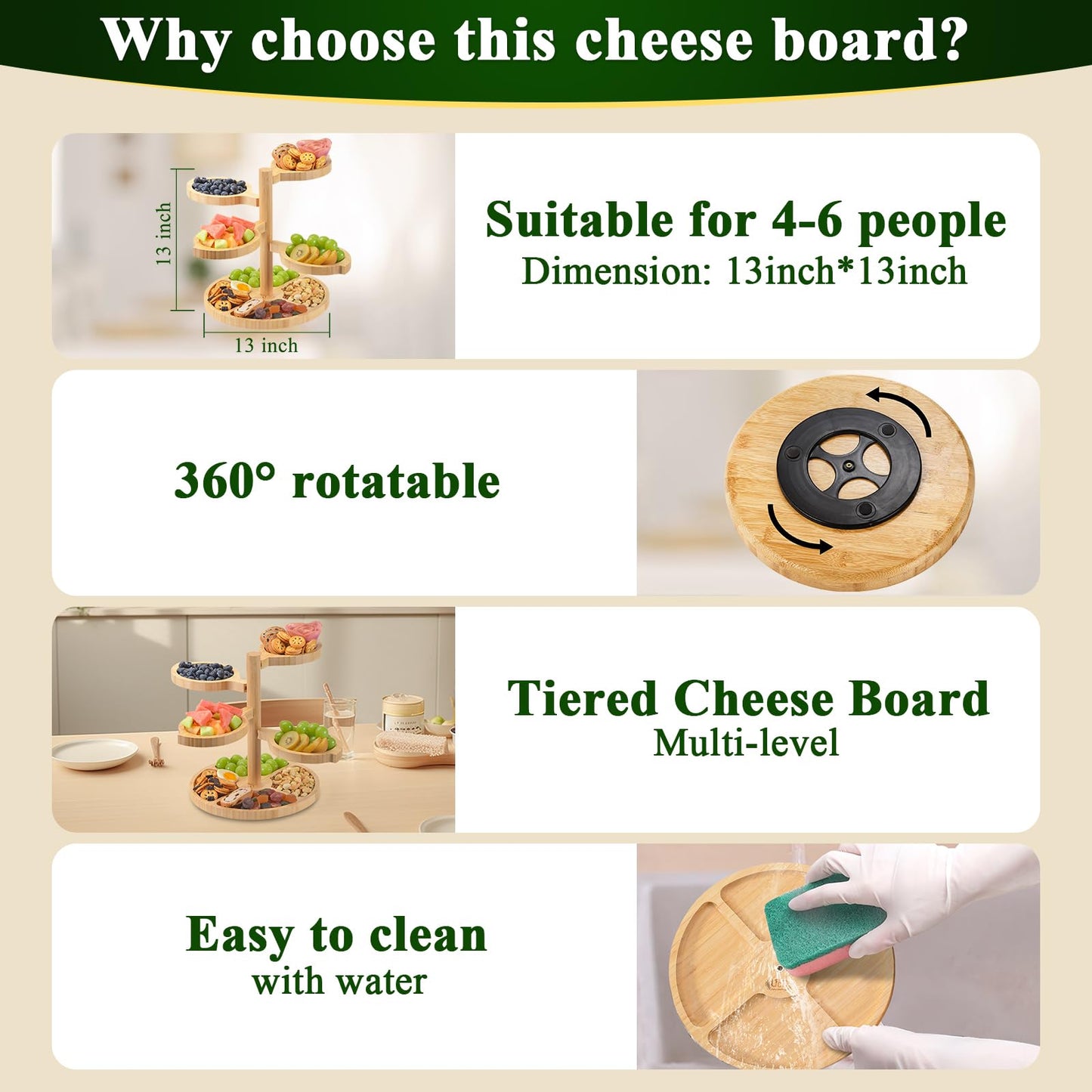 Tiered Charcuterie Board Gift for Women: Bamboo 360° Rotating Round Base with 4 Swivel Trays - White Elephant Gift Valentine Holiday Hosting Christmas Birthday Parties House Warming Gift for Couples