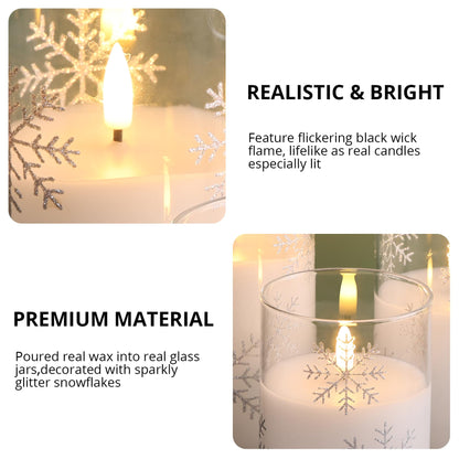 Girimax Clear Snowflakes Christmas Flameless Candles with Remote, Flickering Battery LED Pillar Candles Set of 3