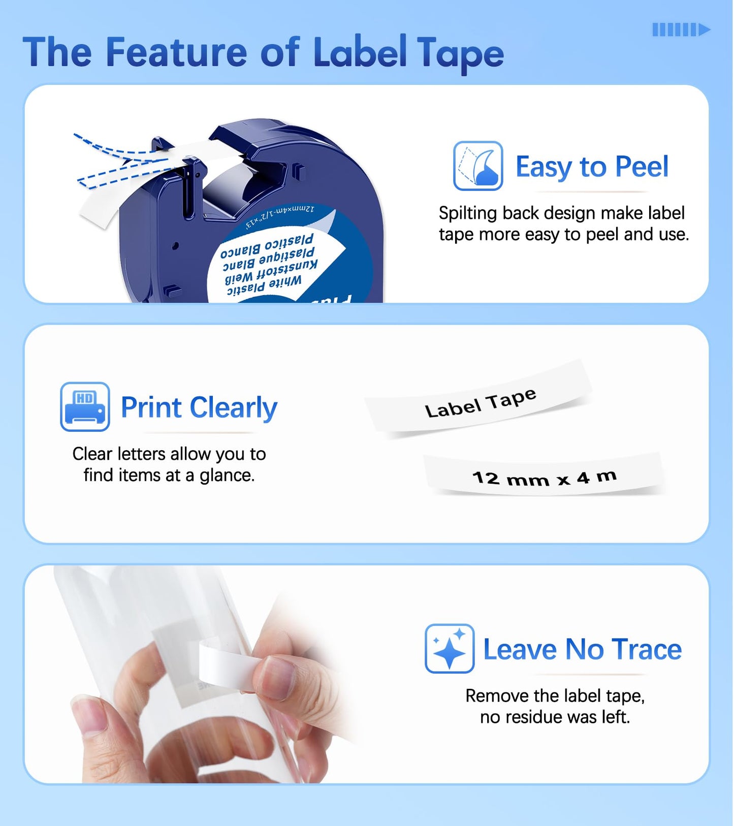 5-Pack MarkField Label Tape Replacement for Dymo Letratag Tape Plastic White 12mm x 4m S0721610, Compatible with Dymo Label Printer LT-110T LT-100H LT-100T QX50 XR XM