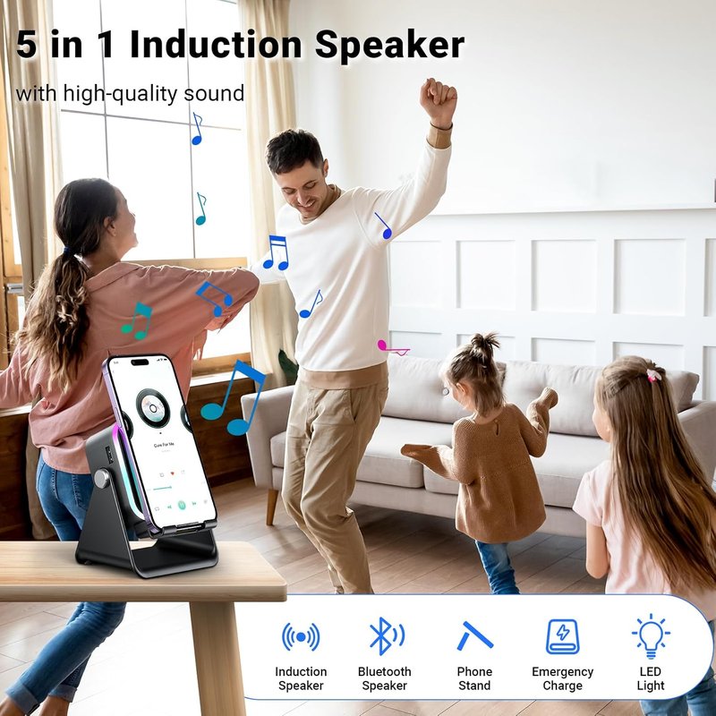 Induction Speaker - 5-in-1 Wireless Bluetooth Audio with Phone Stand & Colorful Light | Rechargeable for iPhone & Android (Black)