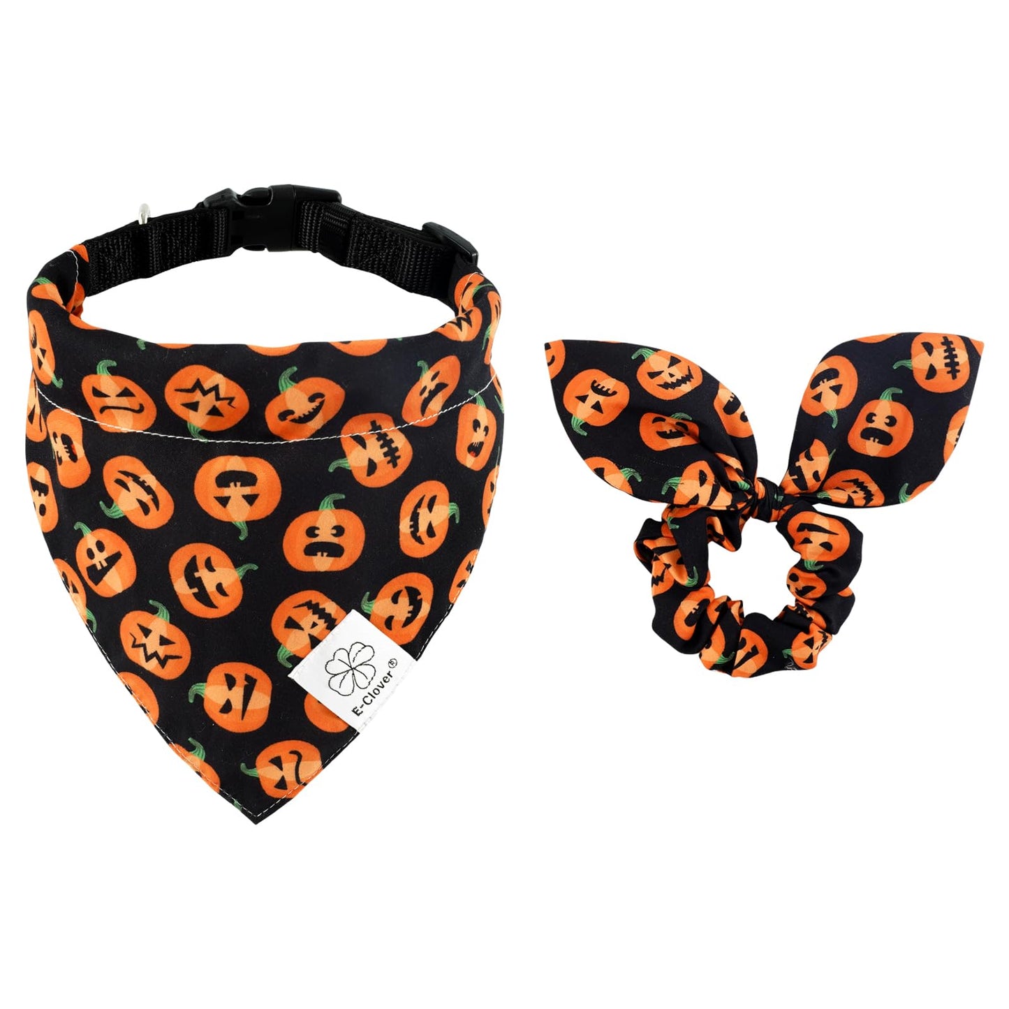 E-Clover Halloween Dog Collar - Pumpkin Dog Collar Bandana & Matching Scrunchie Adjustable Dog Collars Girl Boy for XS Small Dogs Puppy Owner Gift