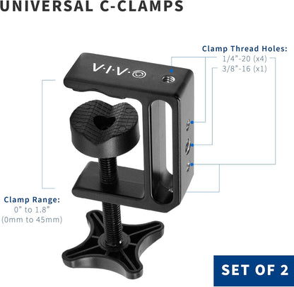 VIVO Aluminum C-Clamp with 1/4 inch-20 and 3/8 inch-16 Female Socket, 5 Mounting Threads, up to 1.8 inch Desktops, 2 Pack, Black, MOUNT-CP02