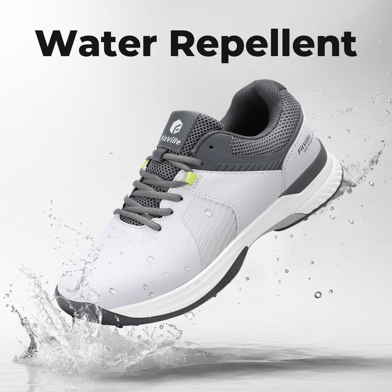FitVille Wide Men's Golf Shoes Waterproof, Professional Outdoor Spiked Golf Shoes for Men with Arch Support(Misty Gray, 10 Wide)