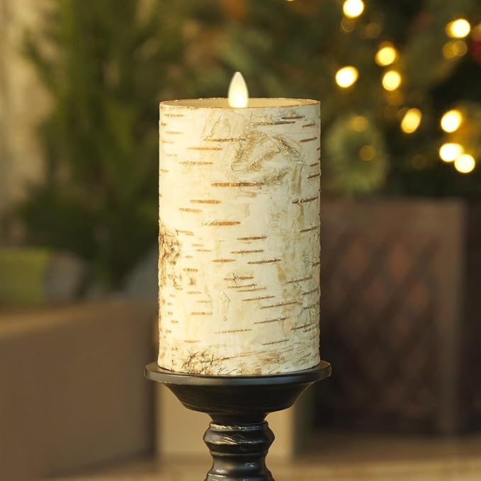 Luminara Real Birch Bark Wrapped Flameless LED Candle, 3.5" x 6.5", Battery Operated Moving Flame Pillar Light with Timer - Natural Decor Unscented