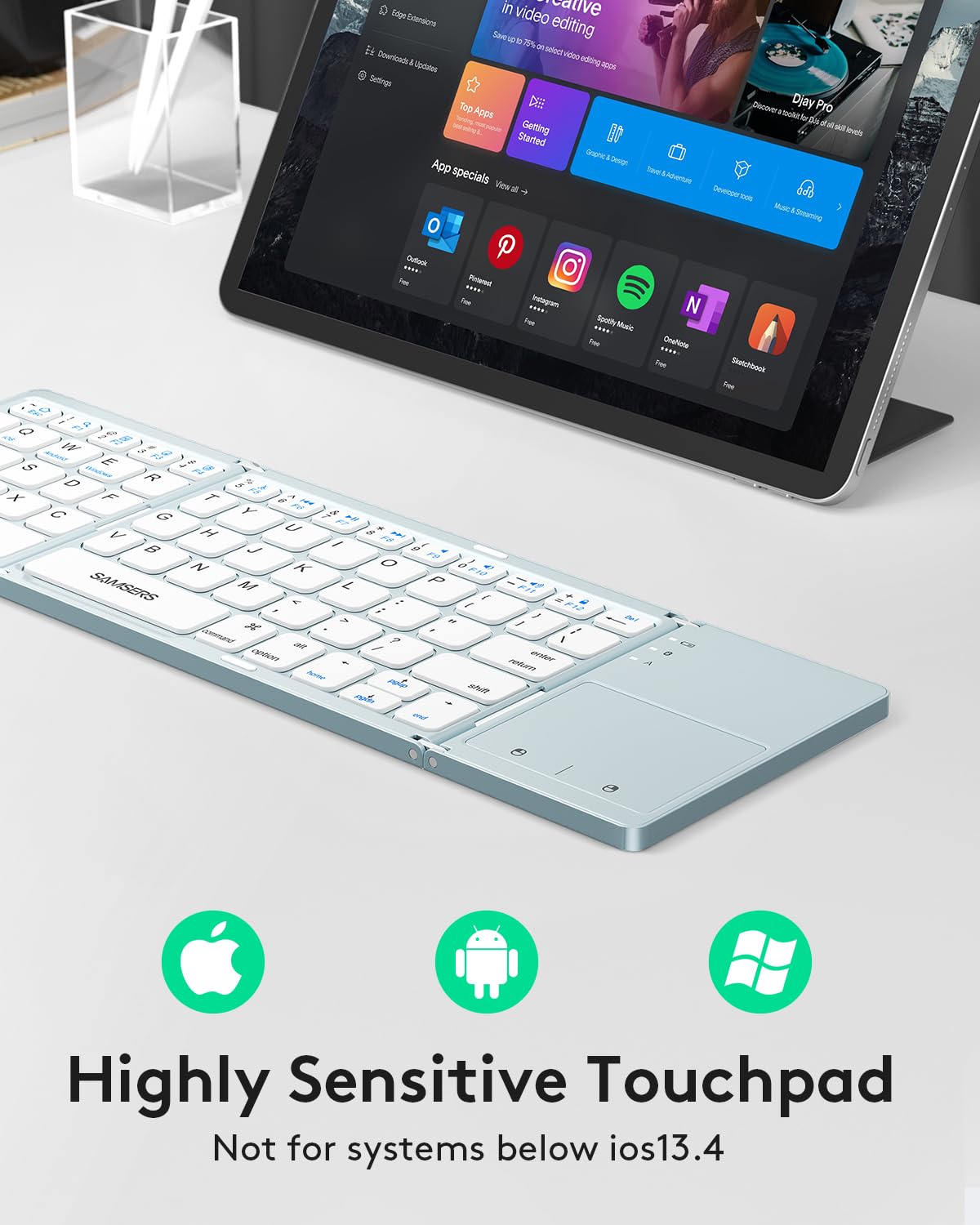 Samsers Foldable Bluetooth Keyboard with Touchpad - Portable Wireless Keyboard with Holder, Rechargeable Full Size Ultra Slim Pocket Folding Keyboards for Android Windows iOS Tablet & Laptop - Black