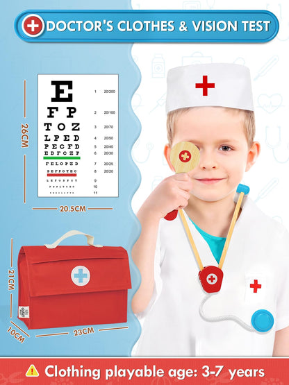 Lehoo Castle Doctors Set for Kids, Toys for 3 Year Old Boys, Wooden Kids Doctors Kit with Doctor Costume, 3 Year Old Boy Toys（Blue）