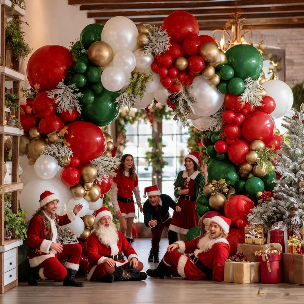 Christmas Balloons Garland Arch Kit, Double Stuffed Dark Green Red Gold Pearl White Balloons for Christmas New Year Xmas Holiday Birthday Party Decorations