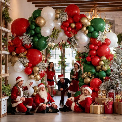 Christmas Balloons Garland Arch Kit, Double Stuffed Dark Green Red Gold Pearl White Balloons for Christmas New Year Xmas Holiday Birthday Party Decorations