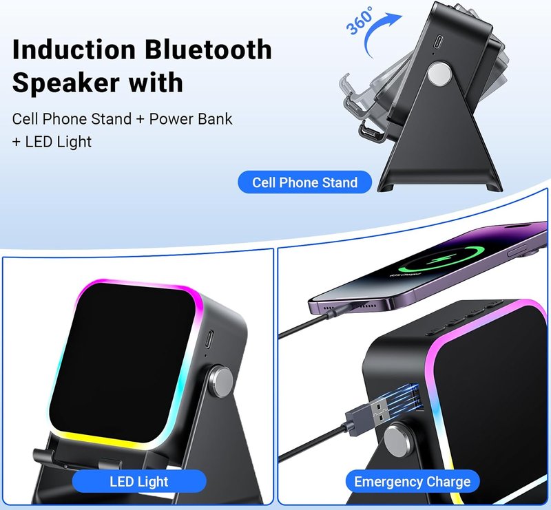 Induction Speaker - 5-in-1 Wireless Bluetooth Audio with Phone Stand & Colorful Light | Rechargeable for iPhone & Android (Black)