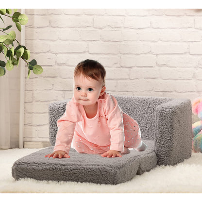 BEJOY Kids Sofa Bed 2-in-1 Flip Out Cuddly Sherpa Toddler Couch Convertible Chair to Lounger Children Sofa Bed Children's Day and Birthday Gift for Girls Boys, Grey