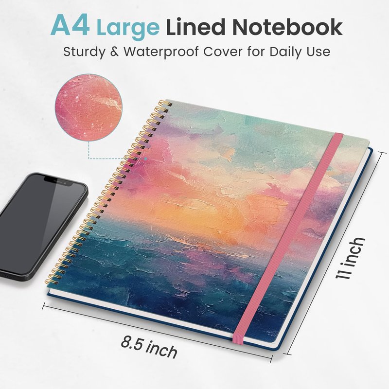 Taja Large Spiral Lined Journal for Women, 8.5" x 11" Notebooks for Work Collge Ruled, A4 Aesthetic Cute Journaling Notebooks for Writing, Plastic Cover, Sunset