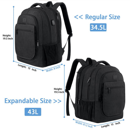 MATEIN Large Travel Backpack, TSA Expandable Laptop Backpack with USB Charging Port, Anti Theft Computer Bag Fit 17.3 Inch Laptop Water Resistant School Rucksack College Gift for Men Women, Black