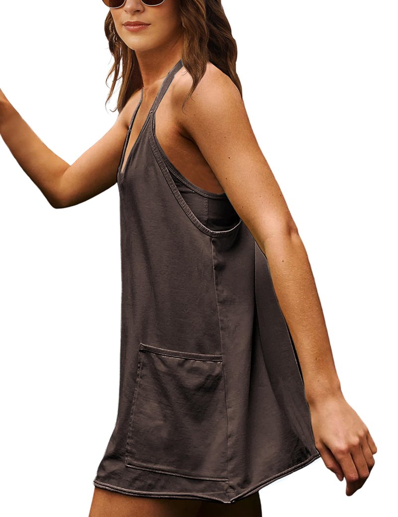 Lentta Womens Athletic Sleeveless Mini Dress with Built-in Shorts V Neck Spaghetti Strap Sundress(Coffee-L)