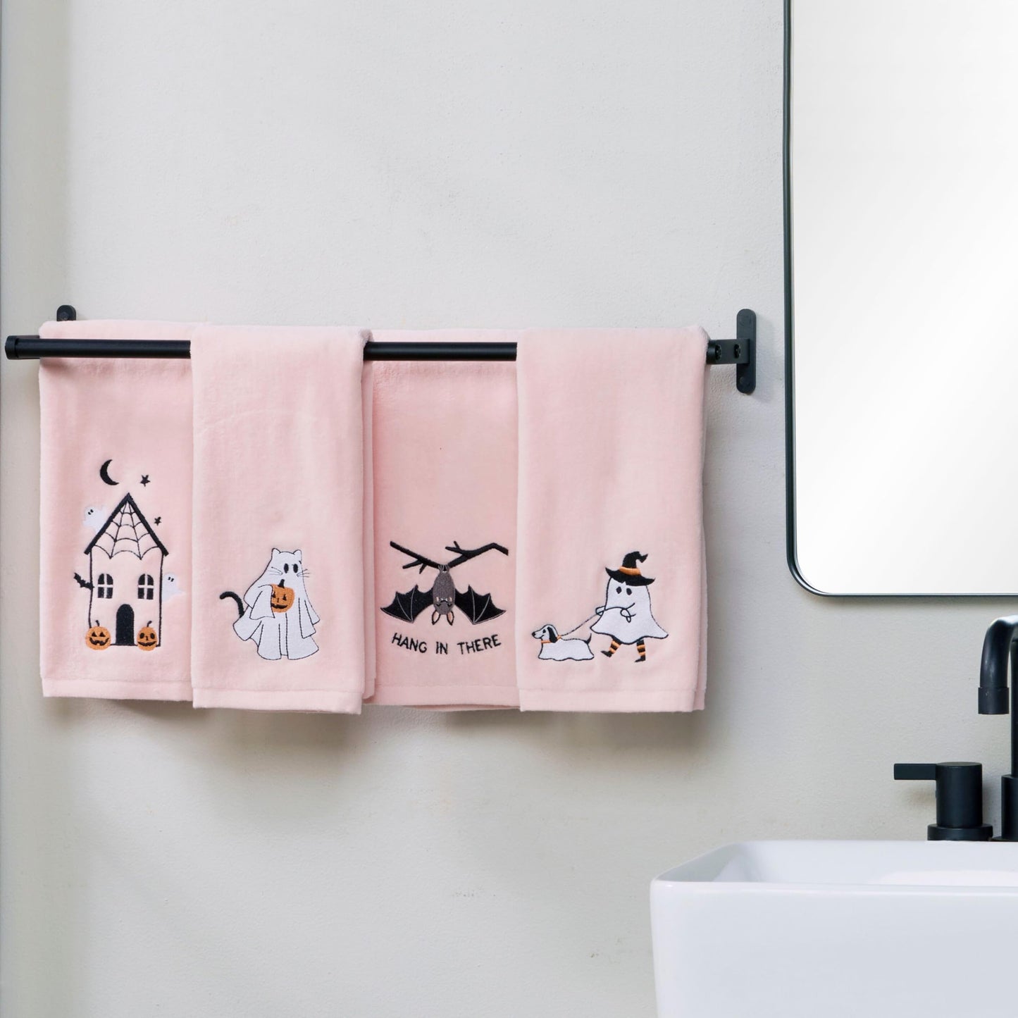 SKL Home Halloween Ghost Cat 100% Cotton Embroidered 2pc Hand Towel Set, Decorative for Bath/Kitchen/Bar & Gift, Pink