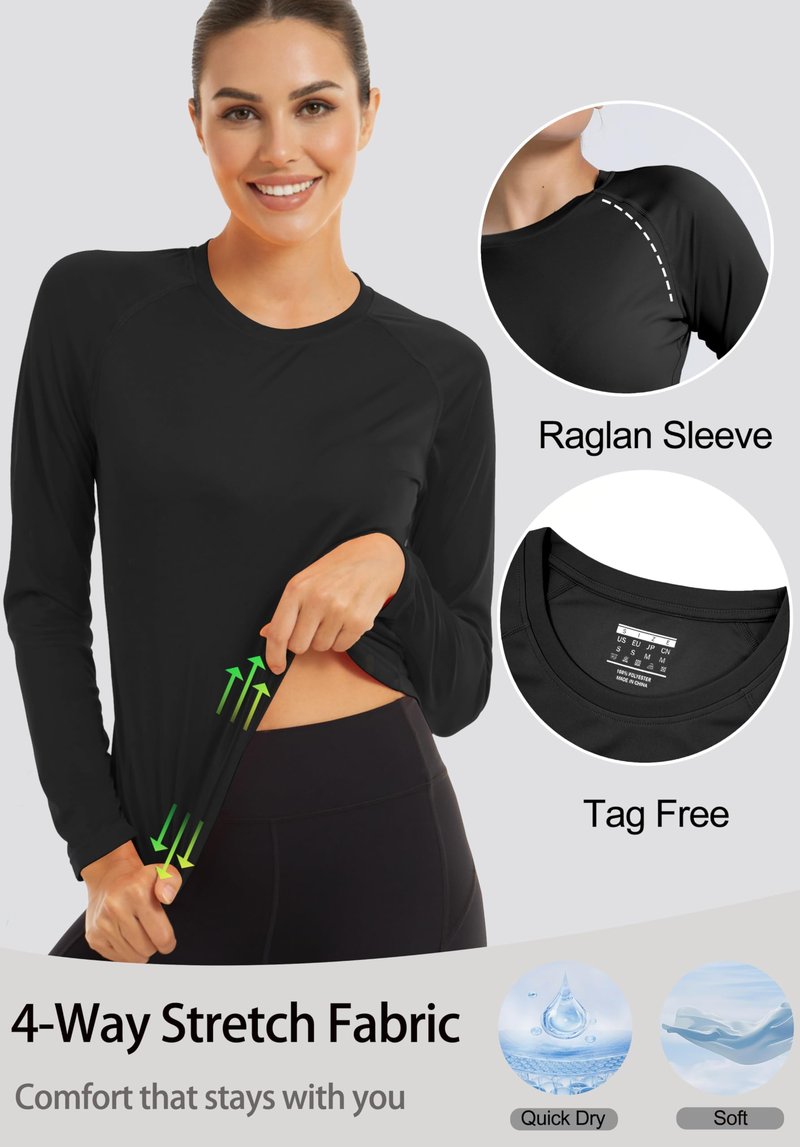 KINSWT Rash Guard for Women UPF 50+ Swim Shirt Long Sleeve Sun Protection UV Shirts Breathable Quick Dry Workout Tops,Black S