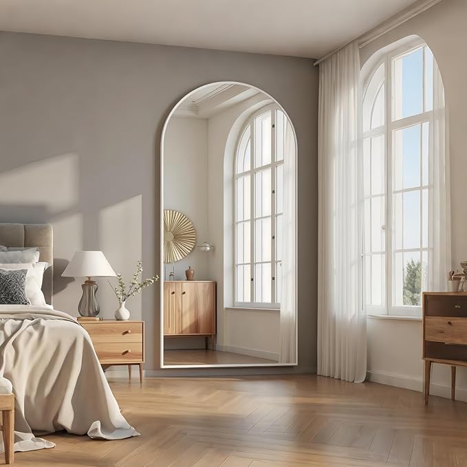 Arched Floor Mirror, 76 "x 34" Full Length Mirror Wall Mirrors Hanging or Leaning Arched-Top Full Body Mirrors with Stand for Bedroom, Dressing Room, White