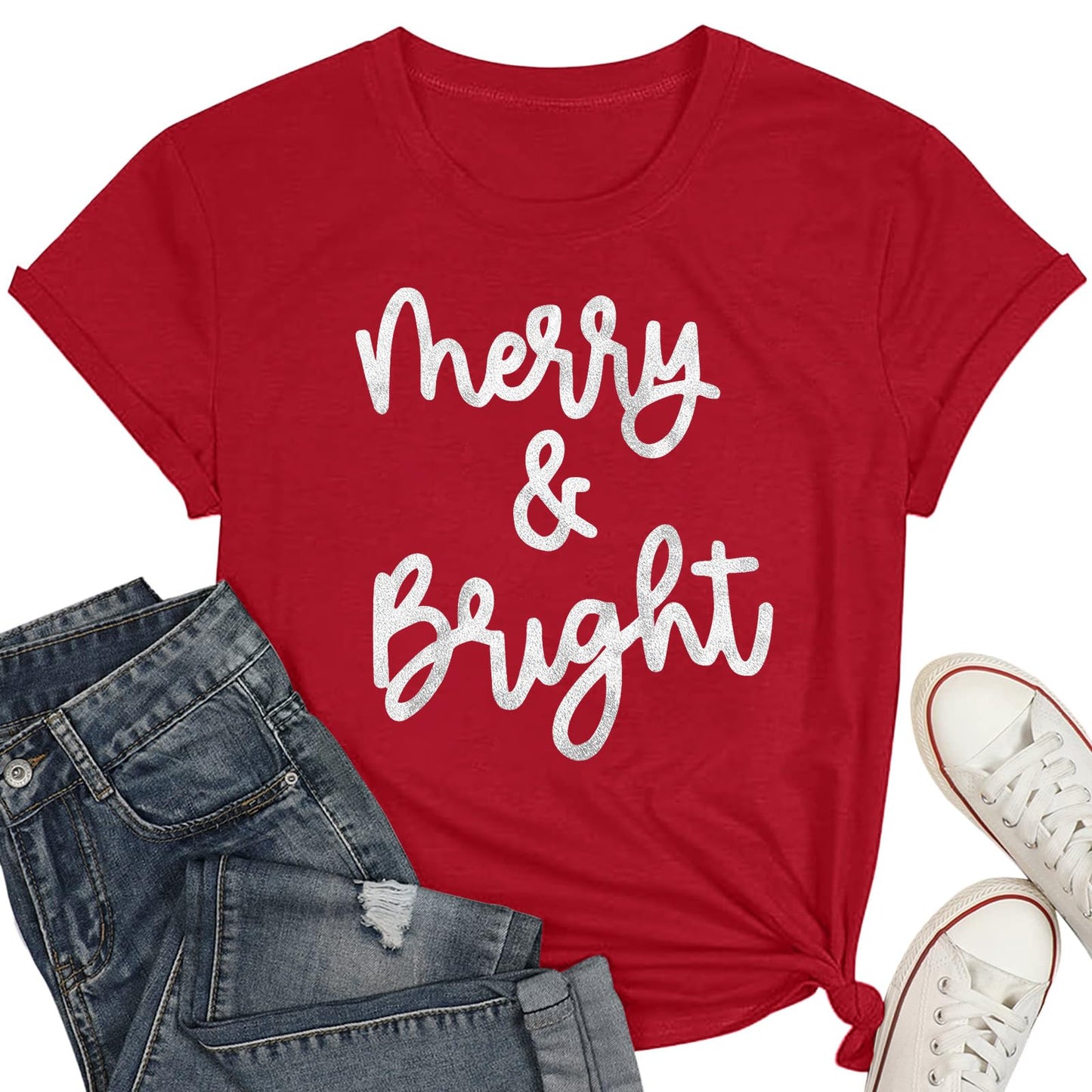 Anbech Womens Christmas Short Sleeve T-Shirt Merry Bright Print Feastival Tee Tops (1Red, S)