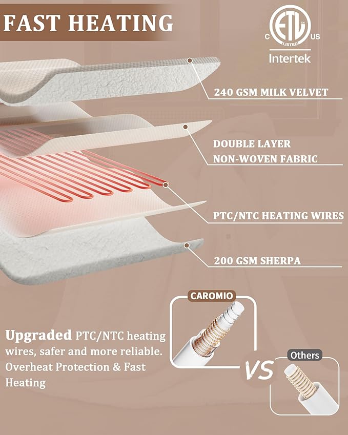 CAROMIO Heated Blanket King Size with LCD Dual Controller, Waffle Weave Fast Heating Electric Blankets, 10 Heat Levels & 1-12H Time Settings, ETL Certified, Machine Washable, Beige, 100" x 90"