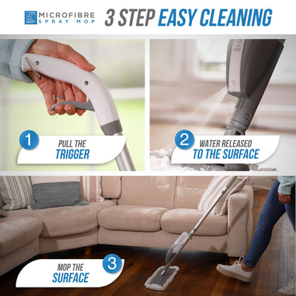 Microfibre Floor Spray Mop Dry Wet Mop Kitchen Floor Cleaning 360° Swivel Head Suitable for Cleaning Tile Laminate Hardwood Ceramic with 3 Replacement Pads, 600ML Refillable Bottle & 1 Scraper