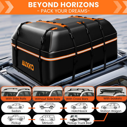 AUXKO 22 Cubic Ft Waterproof Rooftop Cargo Carrier Bag for All Vehicles with/Without Roof Rack, Soft Shell Car Roof Bag with Reflective Strip Includes Anti-Slip Mat, 6 Door Hooks & Combination Lock