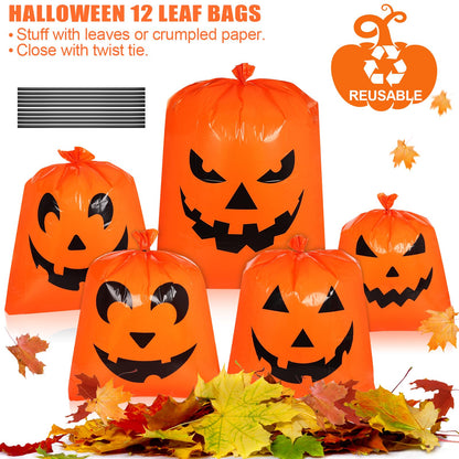 12Pcs Halloween Pumpkin Lawn Bags - Halloween Decorations Leaf Bags with 5 Designs, Halloween Party Favors Fall Halloween Trash Bags with Twist Ties for Yard Lawn Garden Halloween Decorations Outdoor