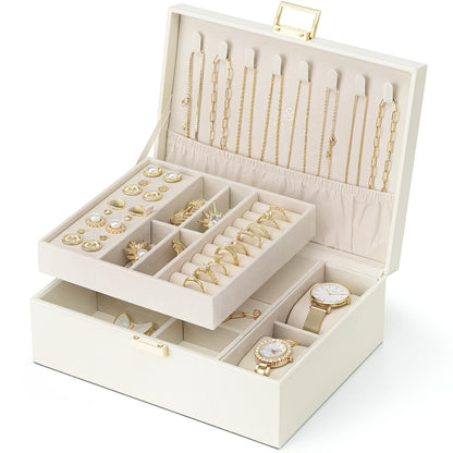 Vlando Jewellery Box, 2 Layer Jewellery Organiser with Watch Pillow, Jewellery Storage Case for Necklace,Bracelets, Earring Storage Organiser, Gift for Women,White