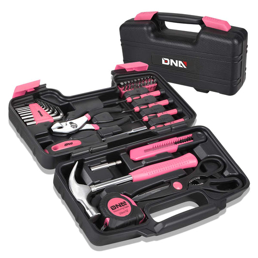 DNA MOTORING 39-Piece Household Tool Set General Repair Small Hand Tool Kit Storage Case for Home Garage Office College Dormitory Use, Pink, TOOLS-00009