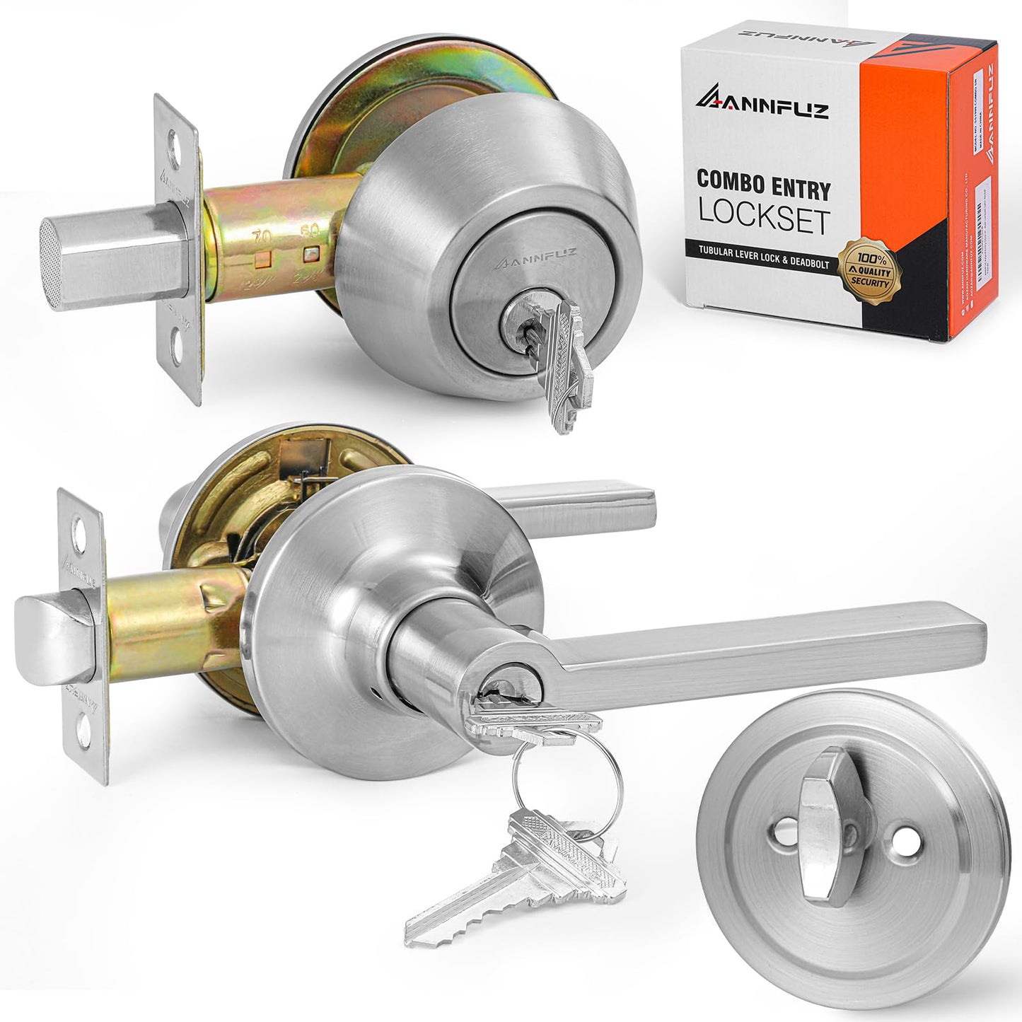 ANNFUZ Keyed Alike(Same Keys) Front/Exterior Door Lever Knob with Single Cylinder Deadbolt Combo Lockset, Entry Door Handle with Lock & Key, Round Locking Deadbolt for Interior Bedroom,Brushed Nickel