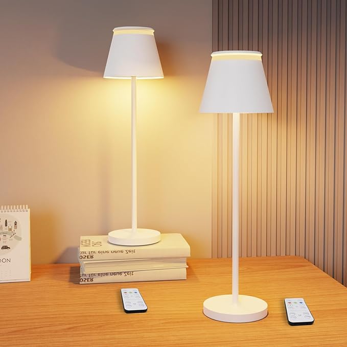 Cordless Table Lamp Rechargeable Set of 2,Battery Operated Desk Lamp 5000mAh,Waterproof Touch Dimmable Light with Remote,3 Color Stepless Dimming Up,for Bedroom/Office/Bars/Camping. (White)