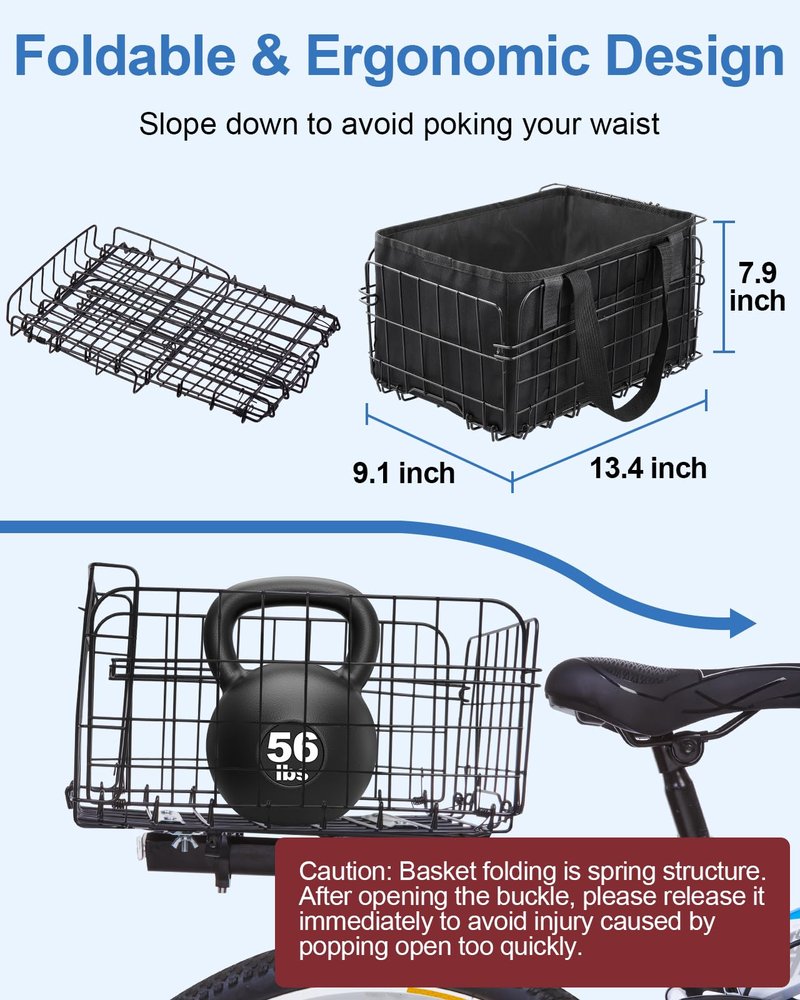 Zacro Bike Basket Rear Large Folding Metal Bicycle Ebike Basket, Quick Release Design for Adult Women/Men Carrying Dogs, Pets, Fruit & Grocery